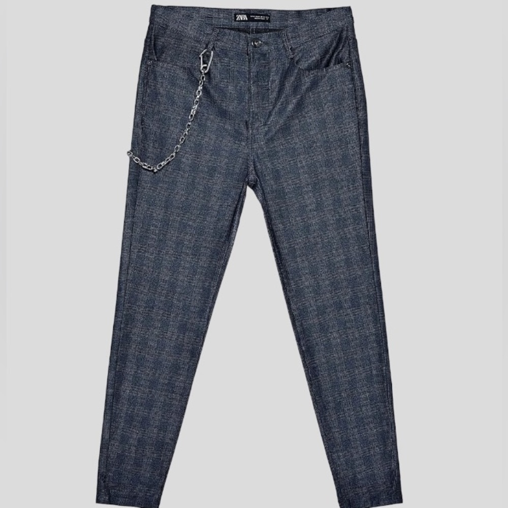 Zara Men Black and Gray Check Pants Trousers with Chain Detail 1313/402/828